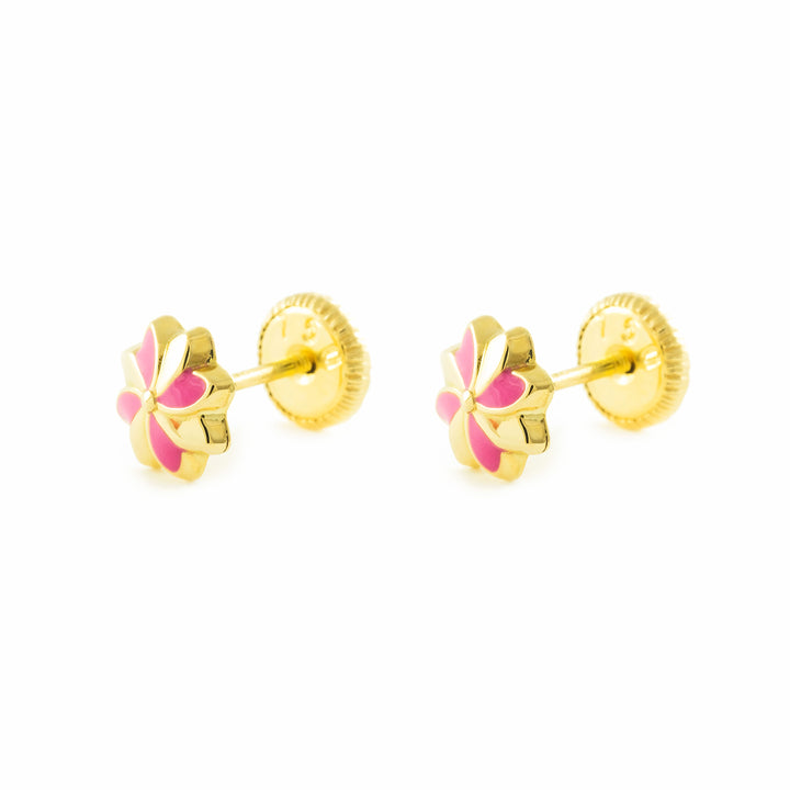 Pendientes oro amarillo niña Flor Esmaltada Rosa (9kt)