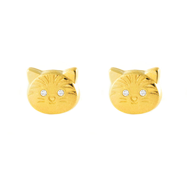9ct Yellow Gold Cat Cubic Zirconia Children's Girls Earrings Matte Shine