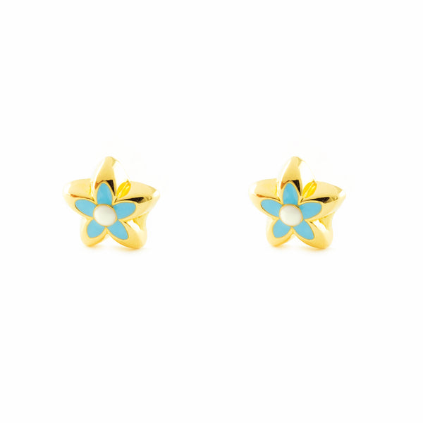 18ct Yellow Gold Blue Enamel Flower Children's Girls Earrings shine