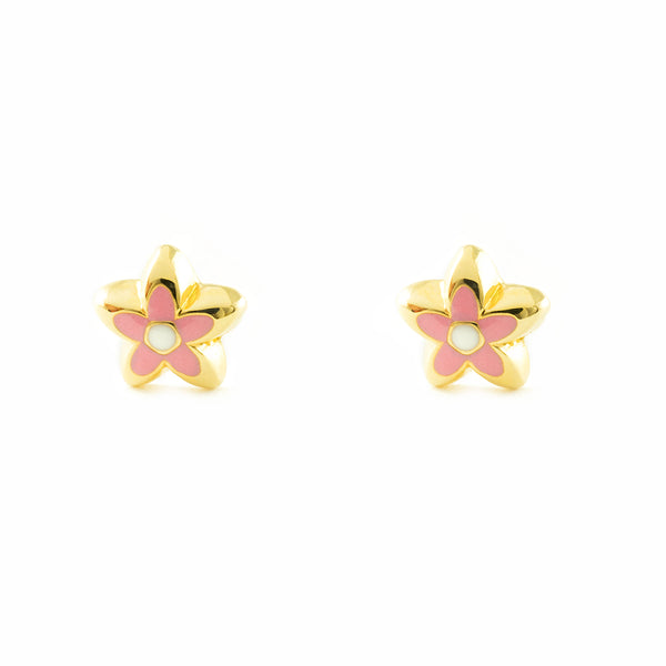 Pendientes Bebe-Niña Oro Amarillo 18K Flor Esmalte Rosa Brillo