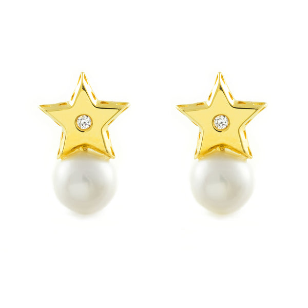 Pendientes Mujer-Niña Oro Amarillo 18K Tu y Yo Perla Redonda 6 mm Estrella Circonita Brillo