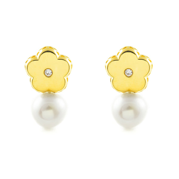 18ct Yellow Gold Flower Cubic Zirconia Pearl 6 mm Earrings shine