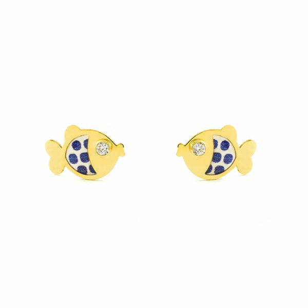 9ct Yellow Gold Blue Enamel Fish Cubic Zirconia Children's Baby Girls Earrings shine