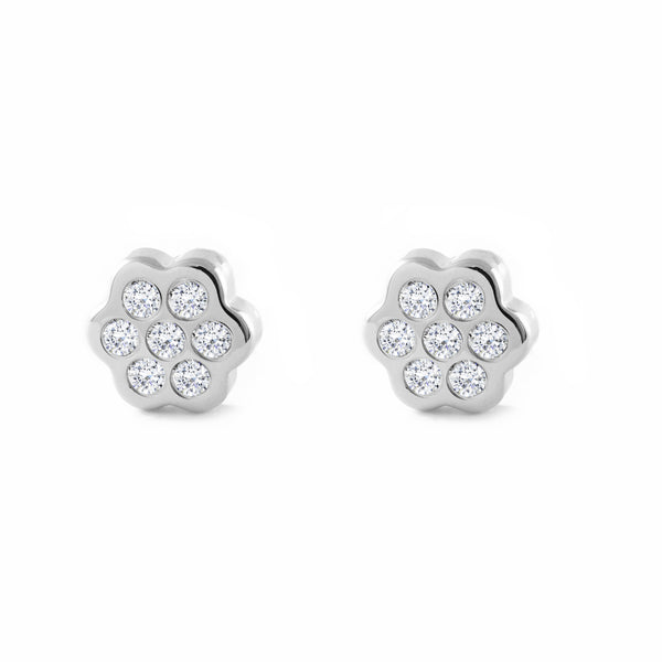 Pendientes Niña Oro Blanco 9K Flor Margarita Circonitas Brillo