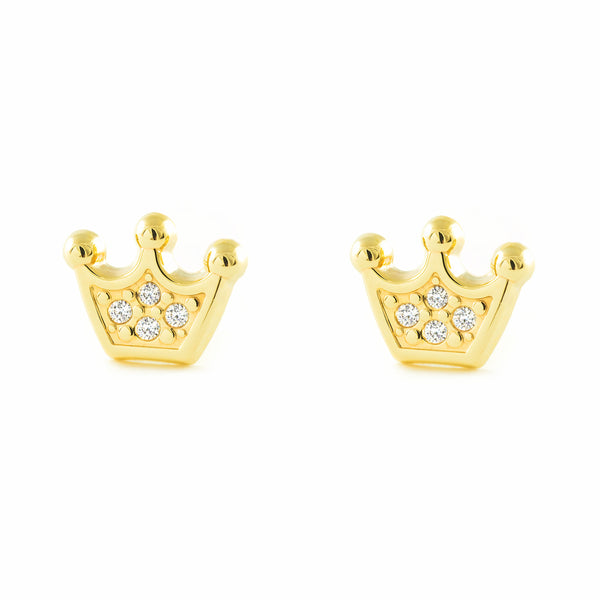 9ct Yellow Gold Crown Cubic Zirconias Children's Girls Earrings shine