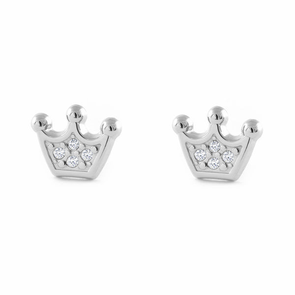 9ct White Gold Crown Cubic Zirconias Children's Girls Earrings shine