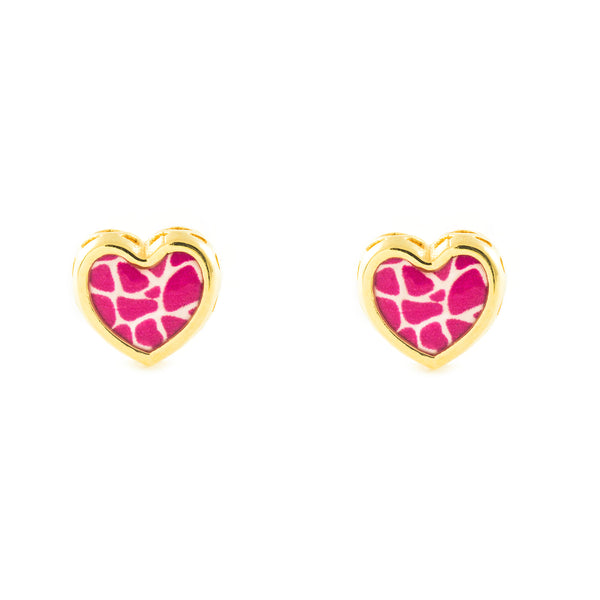 Pendientes Bebe-Niña Oro Amarillo 9K Corazón Esmalte Rosa Brillo