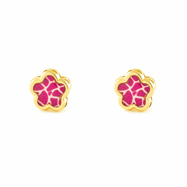 Pendientes Niña Oro Amarillo 9K Flor Esmalte Rosa Brillo