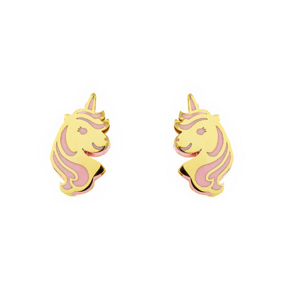 9ct Yellow Gold Pink Enamel Unicorn Children's Girls Earrings shine