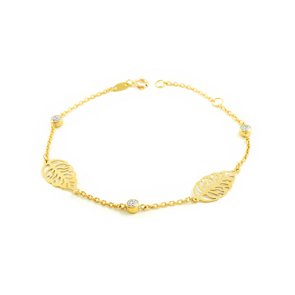  9ct Yellow Gold Women's Bracelet Sparkling Zircon Leaves 18 cm