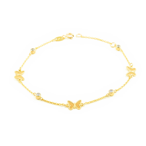 Pulsera Mujer-Niña Oro Amarillo 9K Mariposas Circonitas Mate y Brillo 18 cm