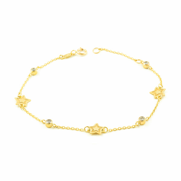  9ct Yellow Gold Women's Bracelet Matte and Shiny Cubic Zirconia Stars 18 cm
