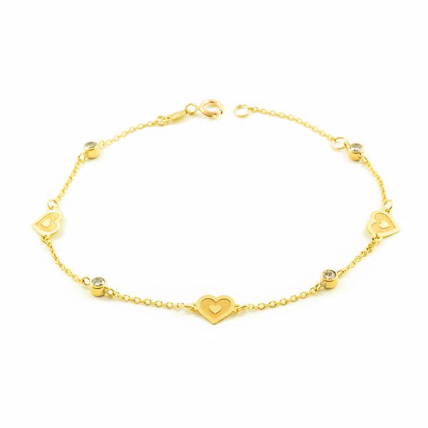  9ct Yellow Gold Women's Bracelet Matte and Shiny Cubic Zirconia Hearts 18 cm