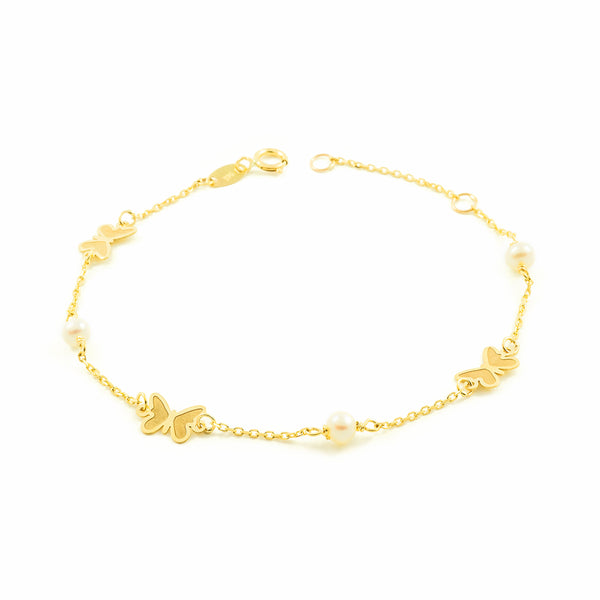  9ct Yellow Gold Round Pearl 3.5mm Matte and Shiny Butterflies Women's Bracelet 18cm