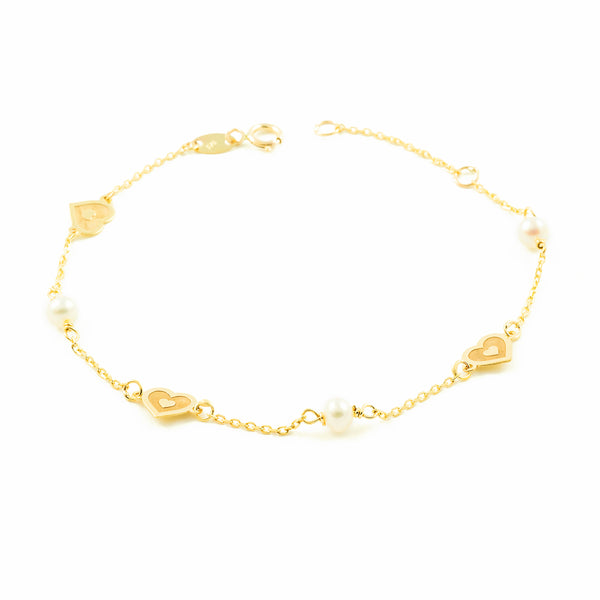  9ct Yellow Gold Round Pearl 3.5mm Matte and Shiny Hearts Women's Bracelet 18cm