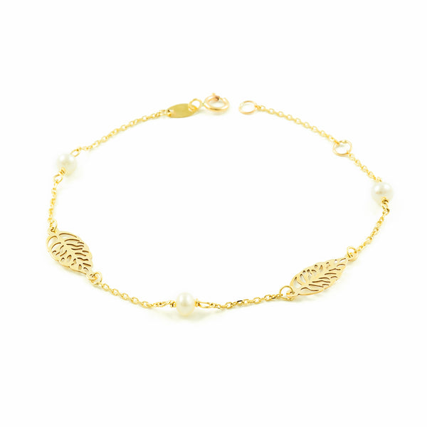 Pulsera Mujer-Niña Oro Amarillo 9K Perla Redonda 3,5 mm Hojas Brillo 18 cm