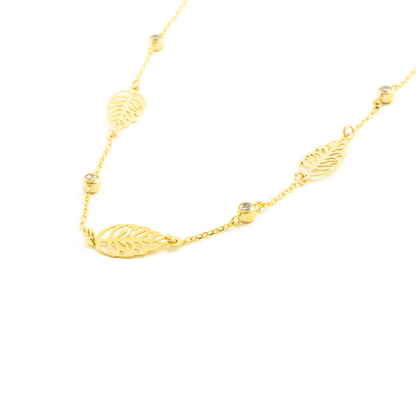 9ct Yellow Gold Leaves Cubic Zirconias Necklace 40 cm