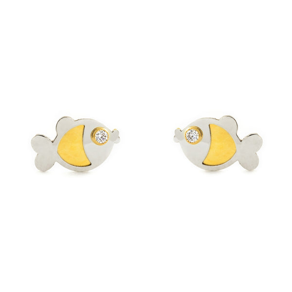 9ct two color gold Fish Cubic Zirconia Children's Girls Earrings Matte Shine