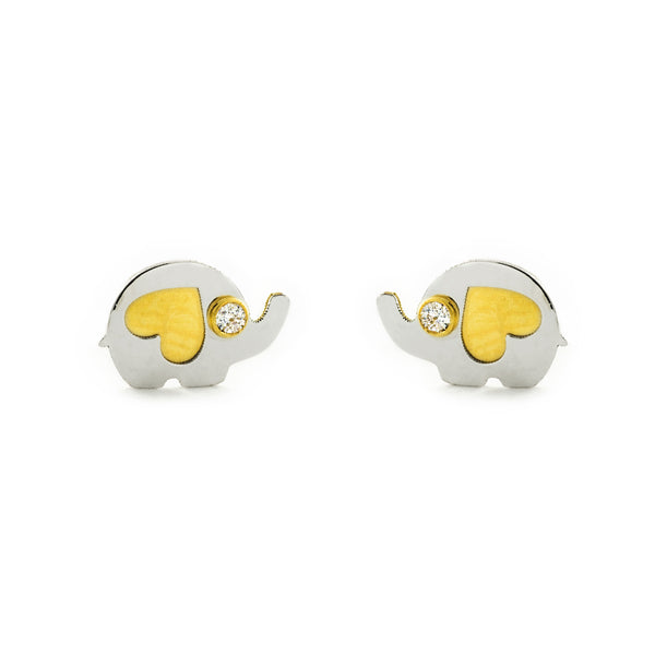 9ct two color gold Elephant Cubic Zirconia Children's Girls Earrings Matte Shine