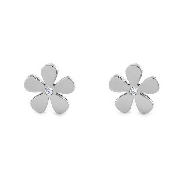 Pendientes Niña Oro Blanco 9K Flor Circonita Brillo