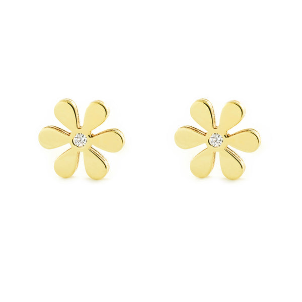 Pendientes Niña Oro Amarillo 9K Flor Circonita Brillo