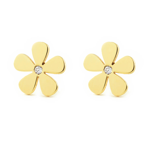 Pendientes Mujer-Niña Oro Amarillo 9K Flor Circonita Brillo