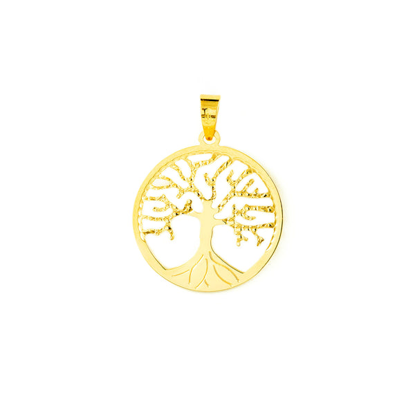 Colgante Oro Amarillo 18K Redondo Arbol de la vida Brillo y Textura