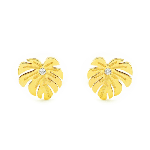 9ct Yellow Gold Leaf Cubic Zirconia Children's Girls Earrings Matte Shine