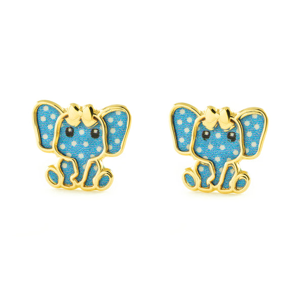 9ct Yellow Gold Blue Enamel Elephant Children's Girls Earrings shine