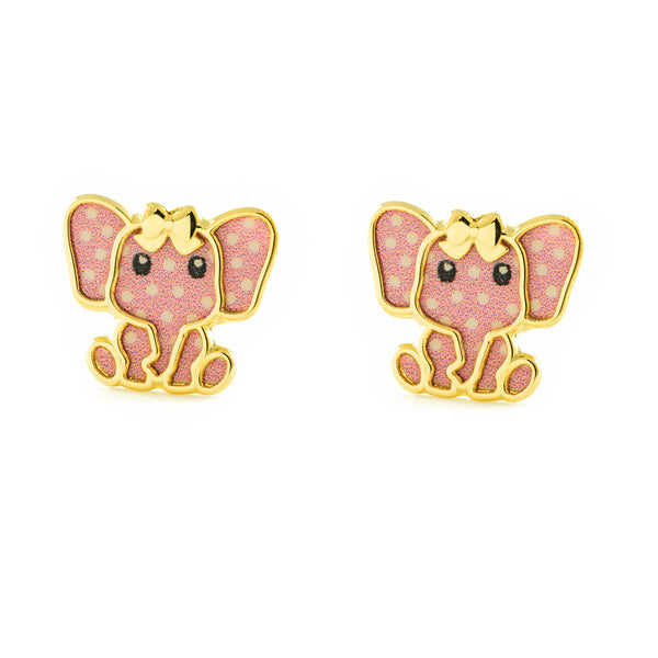 Pendientes Niña Oro Amarillo 9K Elefante Esmalte Rosa Claro Brillo