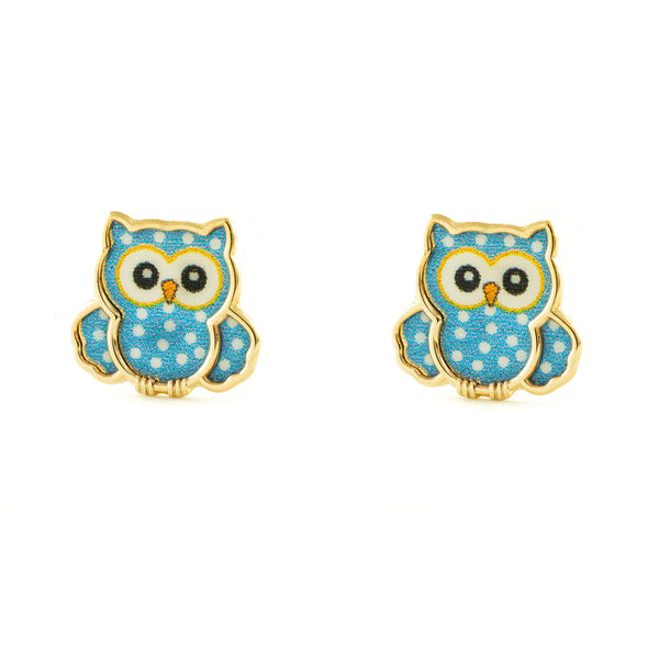 9ct Yellow Gold Blue Enamel Owl Children's Girls Earrings shine