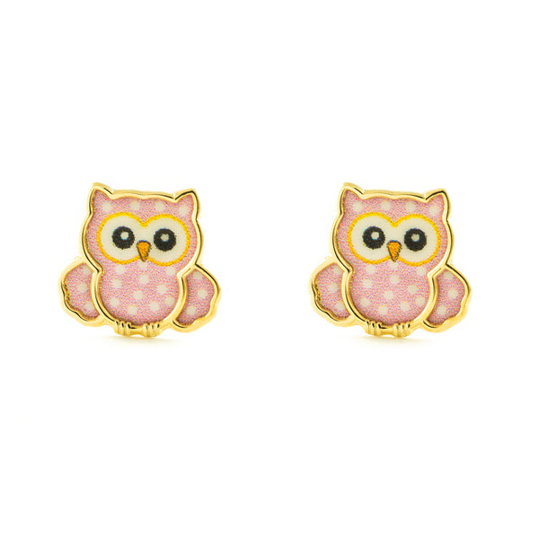 9ct Yellow Gold Light Pink Enamel Owl Children's Girls Earrings shine