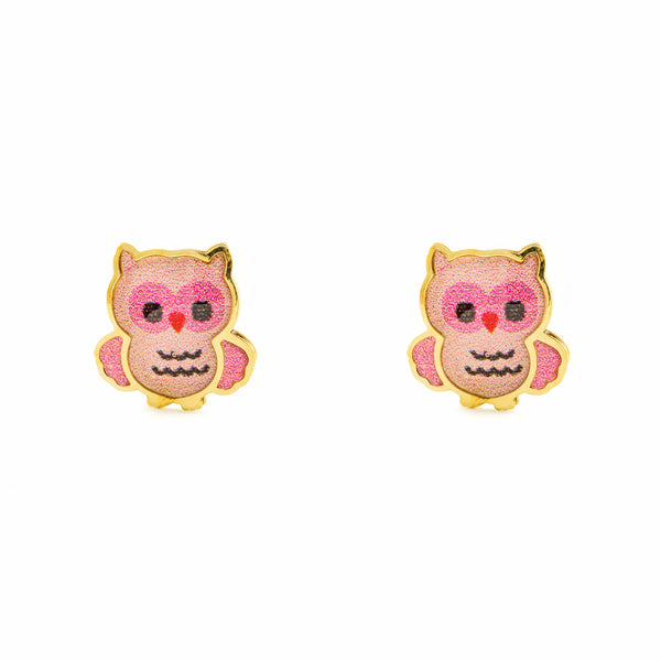 9ct Yellow Gold Pink Enamel Owl Children's Girls Earrings shine