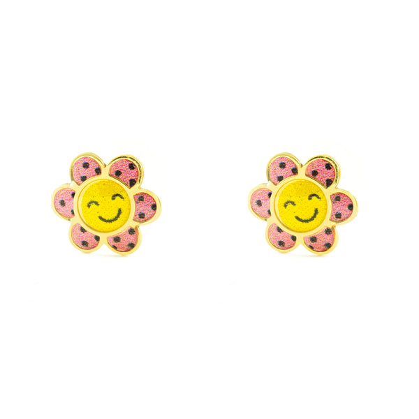 9ct Yellow Gold Multicolored enamel Flower Children's Girls Earrings shine