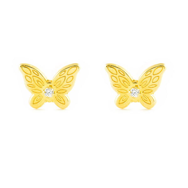 Pendientes Niña Oro Amarillo 9K Mariposa Circonita Brillo