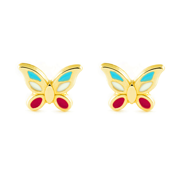 Pendientes Niña Oro Amarillo 9K Mariposa Esmalte Multicolor Brillo