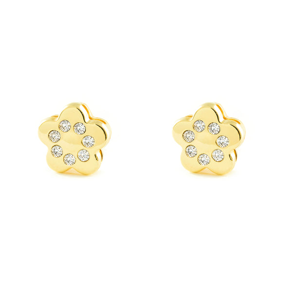 Pendientes Niña Oro Amarillo 9K Flor Margarita Circonita Brillo