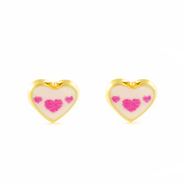 9ct Yellow Gold Pink-White Enamel Heart Children's Girls Earrings shine