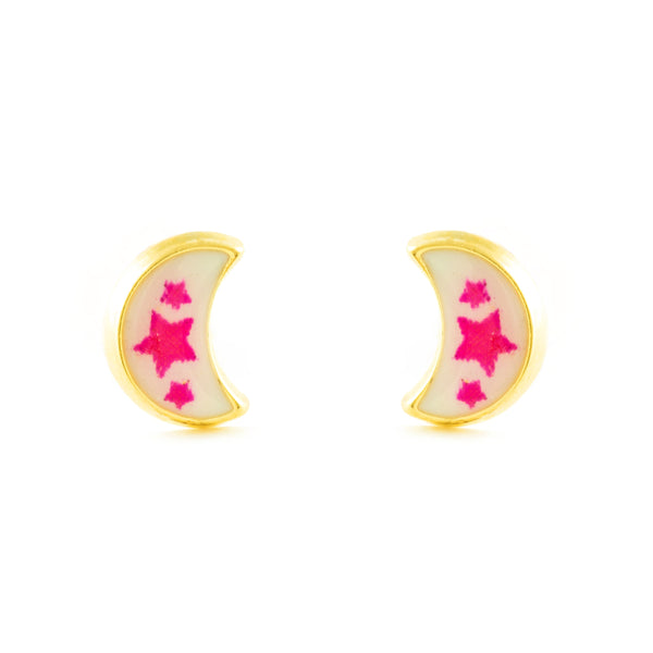 9ct Yellow Gold Pink-White Enamel Moon Children's Girls Earrings shine