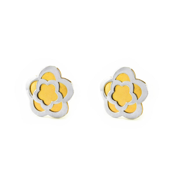 Pendientes Niña Oro Bicolor 18K Flor Margarita Mate y Brillo