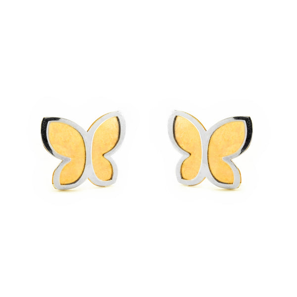 Pendientes Niña Oro Bicolor 18K Mariposa Mate y Brillo