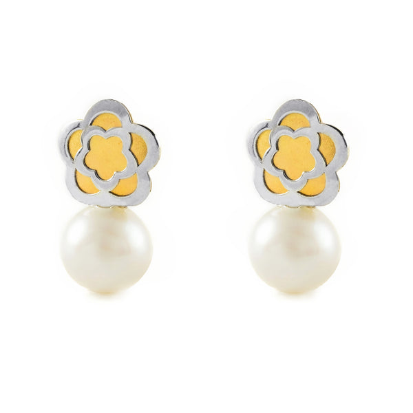 18ct two color gold Daisy Flower Pearl 5 mm Children's Girls Earrings Matte Shine