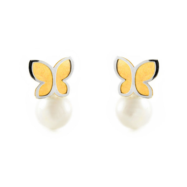 Pendientes Niña Oro Bicolor 18K Perla Redonda 5 mm Mariposa Mate y Brillo