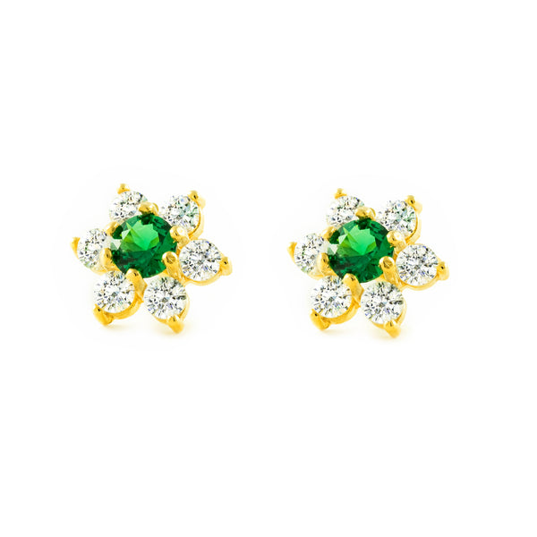 Pendientes Mujer-Niña Oro Amarillo 9K Flor Circonita Esmeralda Brillo