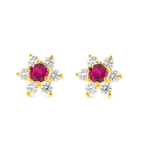 9ct Yellow Gold Flower Ruby Cubic Zirconia Earrings shine