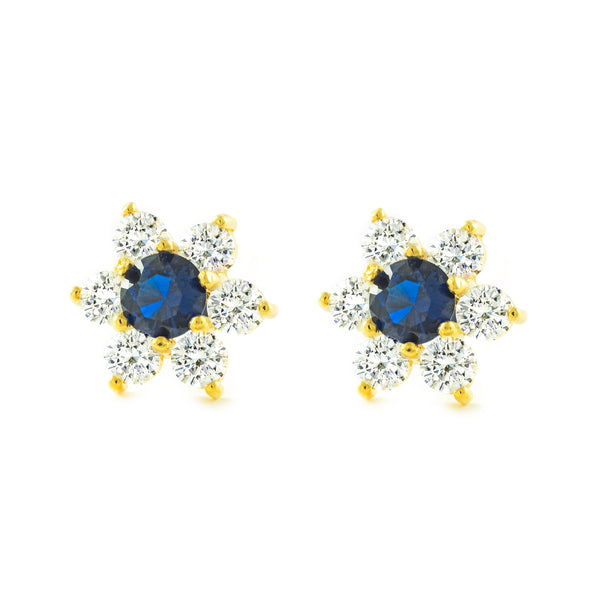 9ct Yellow Gold Flower Sapphire Cubic Zirconia Earrings shine