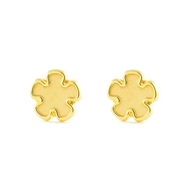 Pendientes Niña Oro Amarillo 9K Flor Mate y Brillo