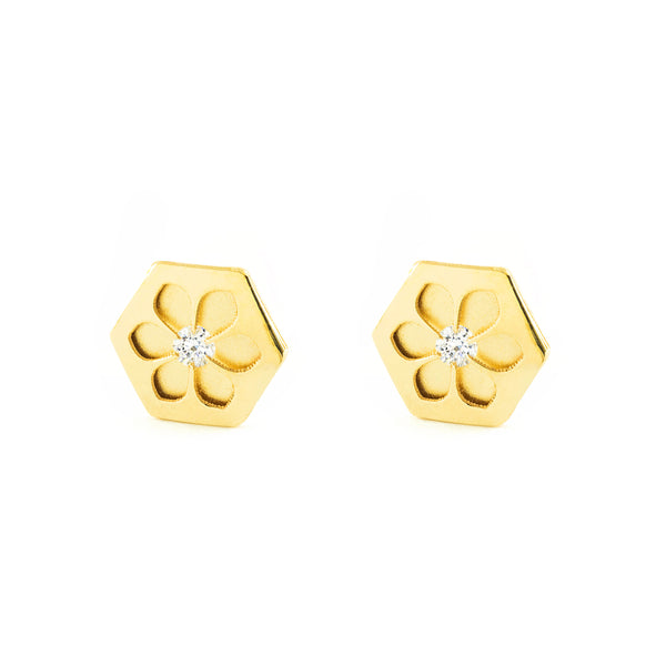 Pendientes Niña Oro Amarillo 9K Hexagono Circonita Mate y Brillo