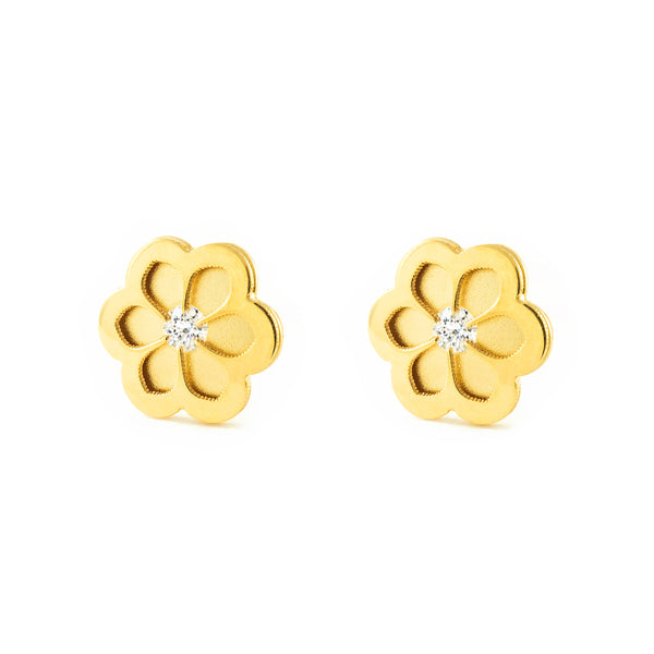 9ct Yellow Gold Daisy Flower Cubic Zirconia Children's Girls Earrings Matte Shine