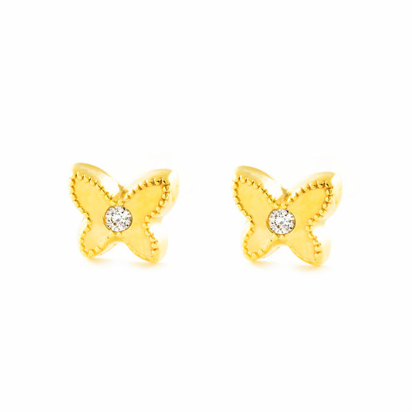 Pendientes Bebe-Niña Oro Amarillo 9K Mariposa Circonita Brillo y Textura